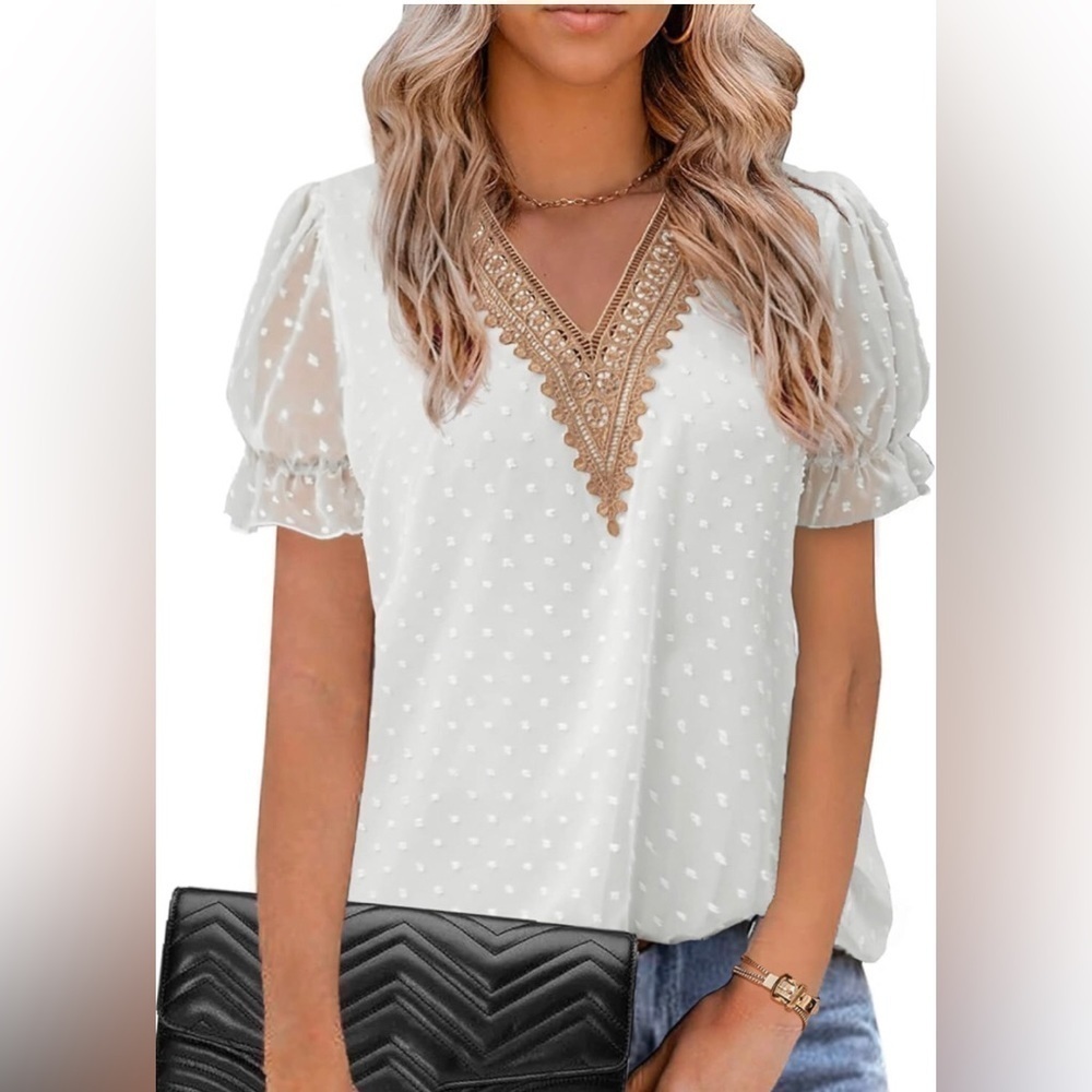 Women White VNeck White Puff Short Sleeve Top Swiss Dot chiffon Lace size Large